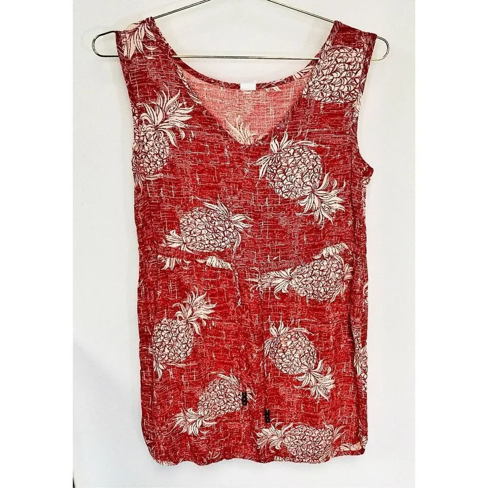 Palmwave‎ Hawaii Womens Medium Sun Dress Red Floral Sleeveless Drawstring Waist